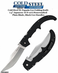 Cold Steel Knives CS62MGC XL Espada G10 Folding Knife 7.5" Japanese AUS-10A Stonewashed Plain Blade, Black G10 Handles