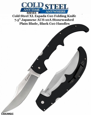 Cold Steel Knives CS62MGC XL Espada G10 Folding Knife 7.5" Japanese AUS-10A Stonewashed Plain Blade, Black G10 Handles Cold Steel Knives CS62MGC XL Espada G10 Folding Knife 7.5" Japanese AUS-10A Stonewashed Plain Blade, Black G10 Handles