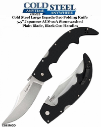 Cold Steel Knives CS62MGD Large Espada G10 Folding Knife 5.5" Japanese AUS-10A Stonewashed Plain Blade, Black G10 Handles