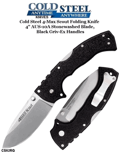 Cold Steel Knives CS62RQ 4-Max Scout Folding Knife 4" AUS-10A Stonewashed Blade, Black Griv-Ex Handles