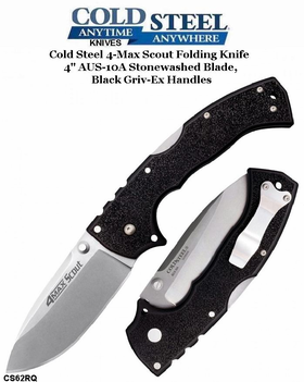 Cold Steel Knives CS62RQ 4-Max Scout Folding Knife 4" AUS-10A Stonewashed Blade, Black Griv-Ex Handles Cold Steel Knives CS62RQ 4-Max Scout Folding Knife 4" AUS-10A Stonewashed Blade, Black Griv-Ex Handles