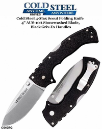Cold Steel Knives CS62RQ 4-Max Scout Folding Knife 4" AUS-10A Stonewashed Blade, Black Griv-Ex Handles