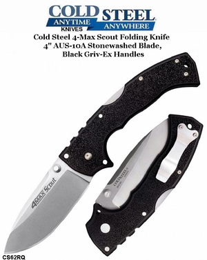 Cold Steel Knives CS62RQ 4-Max Scout Folding Knife 4" AUS-10A Stonewashed Blade, Black Griv-Ex Handles Cold Steel Knives CS62RQ 4-Max Scout Folding Knife 4" AUS-10A Stonewashed Blade, Black Griv-Ex Handles