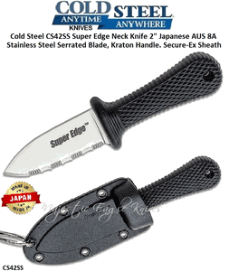 Cold Steel Knives CS42SS Super Edge Neck Knife 2" Japanese AUS 8A Stainless Steel Serrated Blade, Kraton Handle Secure-Ex Sheath
