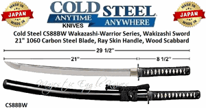 Cold Steel Knives CS88BW Wakazashi-Warrior Series, 21" 1060 Carbon Steel Blade, Ray Skin Handle, Wood Scabbard