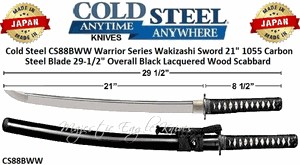 Cold Steel Knives CS88BWW Warrior Series Wakizashi Sword 21" Carbon Steel Blade