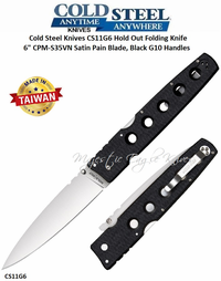Cold Steel Knives CS11G6 Cold Steel Hold Out Folding Knife 6" CPM-S35VN Satin Plain Blade, Black G10 Handles