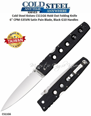 Cold Steel Knives CS11G6 Cold Steel Hold Out Folding Knife 6" CPM-S35VN Satin Plain Blade, Black G10 Handles