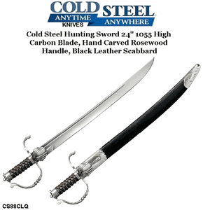 Cold Steel Knives CS88CLQ Hunting Sword 24" 1055 High Carbon Blade, Hand Carved Rosewood Handle, Black Leather Scabbard