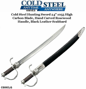 Cold Steel Knives CS88CLQ Hunting Sword 24" 1055 High Carbon Blade, Hand Carved Rosewood Handle, Black Leather Scabbard Cold Steel Knives CS88CLQ Hunting Sword 24" 1055 High Carbon Blade, Hand Carved Rosewood Handle, Black Leather Scabbard