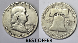 Collectible U.S.A. Coin's 1951 US Benjamin Franklin LIBERTY BELL Silver Half Dollar Coin