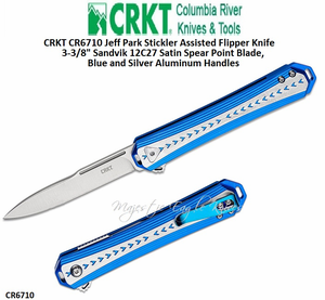 Columbia River CR6710 CRKT Jeff Park Stickler Assisted Flipper Pocket Knife 4-5/8" Closed 3-3/8" Sandvik 12C27 Satin Spear Point Plain Blade, Blue and Silver Aluminum Handles