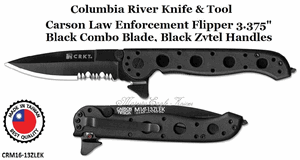 Columbia River CRKT  CRM16-13ZLEK Kit Carson Law Enforcement Flipper 3.375" Black Combo Blade, Black Zytel Handles