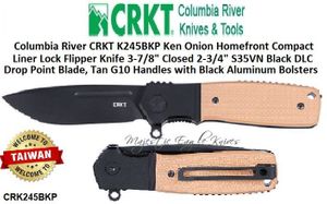 Columbia River CRKT K245BKP Ken Onion Homefront Compact Liner Lock Flipper Knife 3-7/8" Closed 2-3/4" S35VN Black DLC Drop Point Blade, Tan G10 Handles with Black Aluminum Bolsters