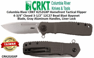 Columbia River CRKT K252GXP Homefront Tactical Flipper 4-3/4" Closed 3-1/2" 12C27 Bead Blast Bayonet Blade, Gray Aluminum Handles, Liner Lock Columbia River CRKT K252GXP Homefront Tactical Flipper 4-3/4" Closed 3-1/2" 12C27 Bead Blast Bayonet Blade, Gray Aluminum Handles, Liner Lock