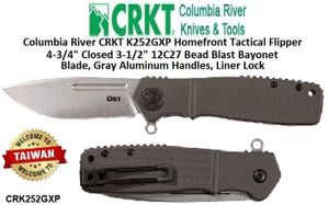 Columbia River CRKT K252GXP Homefront Tactical Flipper 4-3/4" Closed 3-1/2" 12C27 Bead Blast Bayonet Blade, Gray Aluminum Handles, Liner Lock