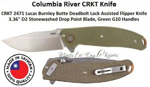Columbia River Knife and Tool: CR2471 CRKT Lucas Burnley Butte Deadbolt Lock Assisted Flipper Pocket Knife 3.36" D2 Stonewashed Drop Point Plain Blade, Green G10 Handles Columbia River Knife and Tool: CR2471 CRKT Lucas Burnley Butte Deadbolt Lock Assisted Flipper Pocket Knife 3.36" D2 Stonewashed Drop Point Plain Blade, Green G10 Handles