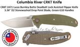 Columbia River Knife and Tool: CR2471 CRKT Lucas Burnley Butte Deadbolt Lock Assisted Flipper Pocket Knife 3.36" D2 Stonewashed Drop Point Plain Blade, Green G10 Handles