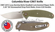 Columbia River Knife and Tool: CR2471 CRKT Lucas Burnley Butte Deadbolt Lock Assisted Flipper Pocket Knife 3.36" D2 Stonewashed Drop Point Plain Blade, Green G10 Handles Columbia River Knife and Tool: CR2471 CRKT Lucas Burnley Butte Deadbolt Lock Assisted Flipper Pocket Knife 3.36" D2 Stonewashed Drop Point Plain Blade, Green G10 Handles