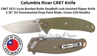 Columbia River Knife and Tool: CR2471 CRKT Lucas Burnley Butte Deadbolt Lock Assisted Flipper Pocket Knife 3.36" D2 Stonewashed Drop Point Plain Blade, Green G10 Handles Columbia River Knife and Tool: CR2471 CRKT Lucas Burnley Butte Deadbolt Lock Assisted Flipper Pocket Knife 3.36" D2 Stonewashed Drop Point Plain Blade, Green G10 Handles