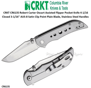 Columbia River Knife and Tool: CR6135 CRKT Robert Carter Oxcart Assisted Flipper Pocket Knife 4-1/16 Closed 3-1/16" AUS-8 Satin Clip Point Plain Blade, Stainless Steel Handles 