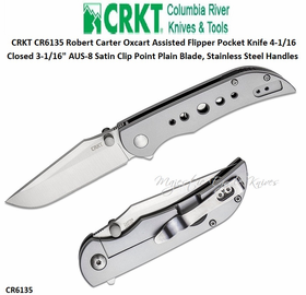 Columbia River Knife and Tool: CR6135 CRKT Robert Carter Oxcart Assisted Flipper Pocket Knife 4-1/16 Closed 3-1/16" AUS-8 Satin Clip Point Plain Blade, Stainless Steel Handles Columbia River Knife and Tool: CR6135 CRKT Robert Carter Oxcart Assisted Flipper Pocket Knife 4-1/16 Closed 3-1/16" AUS-8 Satin Clip Point Plain Blade, Stainless Steel Handles