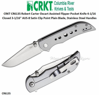 Columbia River Knife and Tool: CR6135 CRKT Robert Carter Oxcart Assisted Flipper Pocket Knife 4-1/16 Closed 3-1/16" AUS-8 Satin Clip Point Plain Blade, Stainless Steel Handles Columbia River Knife and Tool: CR6135 CRKT Robert Carter Oxcart Assisted Flipper Pocket Knife 4-1/16 Closed 3-1/16" AUS-8 Satin Clip Point Plain Blade, Stainless Steel Handles