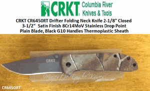 Columbia River Knife and Tool: CR6450RT CRKT Drifter Folding Neck Knife 2-1/8� Closed 3-1/2"  Satin Finish 8Cr14MoV Stainless Drop Point Plain Blade, Black G10 Handles Thermoplastic Sheath