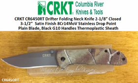 Columbia River Knife and Tool: CR6450RT CRKT Drifter Folding Neck Knife 2-1/8� Closed 3-1/2"  Satin Finish 8Cr14MoV Stainless Drop Point Plain Blade, Black G10 Handles Thermoplastic Sheath