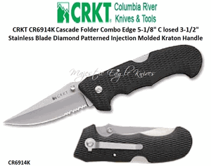 Columbia River Knife and Tool: CR6914K CRKT Cascade Folder Combo Edge 5-1/8" Closed 3-1/2" Stainless Blade Diamond Patterned Injection Molded Kraton Handle