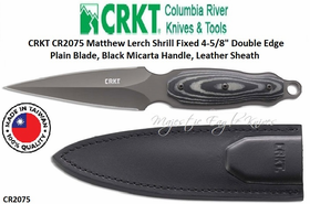 Columbia River Knife and Tool: CR2075 CRKT Matthew Lerch Shrill Fixed 4-5/8" Double Edge Plain Blade, Black Micarta Handles, Leather Sheath Columbia River Knife and Tool: CR2075 CRKT Matthew Lerch Shrill Fixed 4-5/8" Double Edge Plain Blade, Black Micarta Handles, Leather Sheath