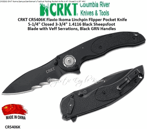 Columbia River Knife & Tool CR5406K CRKT Flavio Ikoma Linchpin Flipper Knife 3.734" 1.4116 Black Sheepsfoot Blade with Veff Serrations, Black GRN Handles
