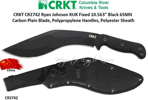 Columbia River Knife & Tool CR2742 CRKT Ryan Johnson KUK Fixed 10.563" Black 65MN Carbon Plain Blade, Polypropylene Handles, Polyester Sheath