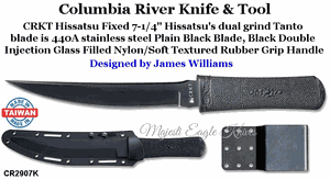 Columbia River Knife & Tool CR2907K CRKT Hissatsu Fixed Blade, Designed by James Williams, 7-1/4" 440 Stainless Steel Tanto Plain Blade Black Double Injection Glass Filled Handled Pocket Knife