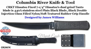 Columbia River Knife & Tool CR2907K CRKT Hissatsu Fixed Blade, Designed by James Williams, 7-1/4" 440 Stainless Steel Tanto Plain Blade Black Double Injection Glass Filled Handled Pocket Knife