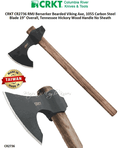 Columbia River Knife & Tool CR2736 CRKT RMJ Berserker Bearded Viking Axe, 1055 Carbon Steel Blade 19" Overall, Tennessee Hickory Wood Handle No Sheath