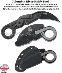 Columbia River Knife & Tool CR4042 CRKT 2.41" D2 Black TiNi Plain Blade, Black Aluminum Handles with Ceramic Glass Breaker, Kinematic Provoke First Responder Karambit Knife Boltaron Sheath Included