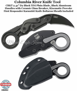 Columbia River Knife & Tool CR4042 CRKT 2.41" D2 Black TiNi Plain Blade, Black Aluminum Handles with Ceramic Glass Breaker, Kinematic Provoke First Responder Karambit Knife Boltaron Sheath Included Columbia River Knife & Tool CR4042 CRKT 2.41" D2 Black TiNi Plain Blade, Black Aluminum Handles with Ceramic Glass Breaker, Kinematic Provoke First Responder Karambit Knife Boltaron Sheath Included