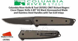 Columbia River Knife & Tool CR7091 Richard Rogers Cinco Flipper Knife 2.89" D2 Black Stonewashed Blade and Stainless Steel Handles with Tan G10 Inlays