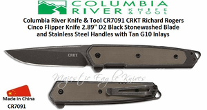 Columbia River Knife & Tool CR7091 Richard Rogers Cinco Flipper Knife 2.89" D2 Black Stonewashed Blade and Stainless Steel Handles with Tan G10 Inlays