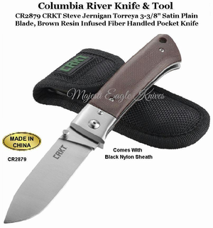 Columbia River Knife & Tool CR2879 CRKT Steve Jernigan Torreya 3-3/8" Satin Plain Blade, Brown Resin Infused Fiber Handled Pocket Knife