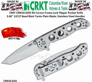 Columbia River Knives CRM16-02SS CRKT Kit Carson Frame Lock Flipper Pocket Knife 3.06" 12C27 Bead Blast Tanto Plain Blade, Stainless Steel Handles