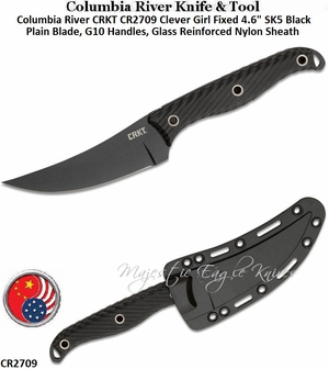 Columbia River Knives River CR2709 CRKT Clever Girl Fixed 4.6" SK5 Black Plain Blade, G10 Handles, Glass Reinforced Nylon Sheath