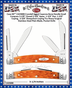 W.R. Case & Sons Cutlery CA35808 Case XX� Crandall Jigged Cayenne Bone Handle Small Congress 3-1/8" Closed 2-3/8" Spear, 1-3/4" Pen, 1-3/4" Coping, �2-3/8" Sheepsfoot Coping Tru-Sharp Surgical Stainless Steel Plain Blade, Pocket Knife