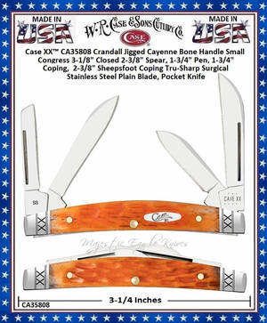 W.R. Case & Sons Cutlery CA35808 Case XX™ Crandall Jigged Cayenne Bone Handle Small Congress 3-1/8" Closed 2-3/8" Spear, 1-3/4" Pen, 1-3/4" Coping, 2-3/8" Sheepsfoot Coping Tru-Sharp Surgical Stainless Steel Plain Blade, Pocket Knife W.R. Case & Sons Cutlery CA35808 Case XX™ Crandall Jigged Cayenne Bone Handle Small Congress 3-1/8" Closed 2-3/8" Spear, 1-3/4" Pen, 1-3/4" Coping, 2-3/8" Sheepsfoot Coping Tru-Sharp Surgical Stainless Steel Plain Blade, Pocket Knife