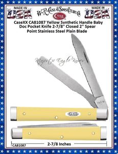 W.R. Case & Sons Cutlery CaseXX CA81087 Yellow Synthetic Handle Baby Doc Pocket Knife 2-7/8" Closed 2" Spear Point Stainless Steel Plain Blade