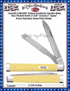 W.R. Case & Sons Cutlery CaseXX CA81087 Yellow Synthetic Handle Baby Doc Pocket Knife 2-7/8" Closed 2" Spear Point Stainless Steel Plain Blade