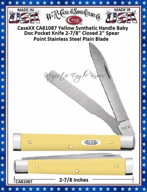 W.R. Case & Sons Cutlery CaseXX CA81087 Yellow Synthetic Handle Baby Doc Pocket Knife 2-7/8" Closed 2" Spear Point Stainless Steel Plain Blade