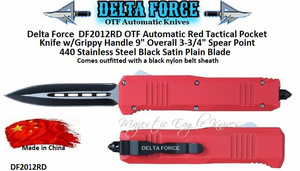 Delta Force DF2012RD Spear Point, Double Edged Blade OTF Tactical Red Reinforced Zinc Alloy Housing, Powder Coated Comfort Grip Handle Automatic Pocket Knife. 9" Overall 3-3/4" Stainless Steel, Heat Treated Stainless Steel, Black and Sliver Plain Blade w/Sheath