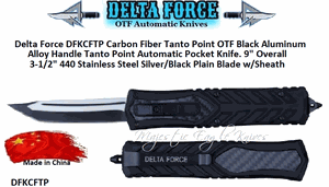 Delta Force DFKCFTP Carbon Fiber Tanto Point OTF Black Aluminum Alloy Handle Automatic Pocket Knife. 9" Overall 3-1/2" 440 Stainless Steel Silver/Black Plain Blade w/Sheath